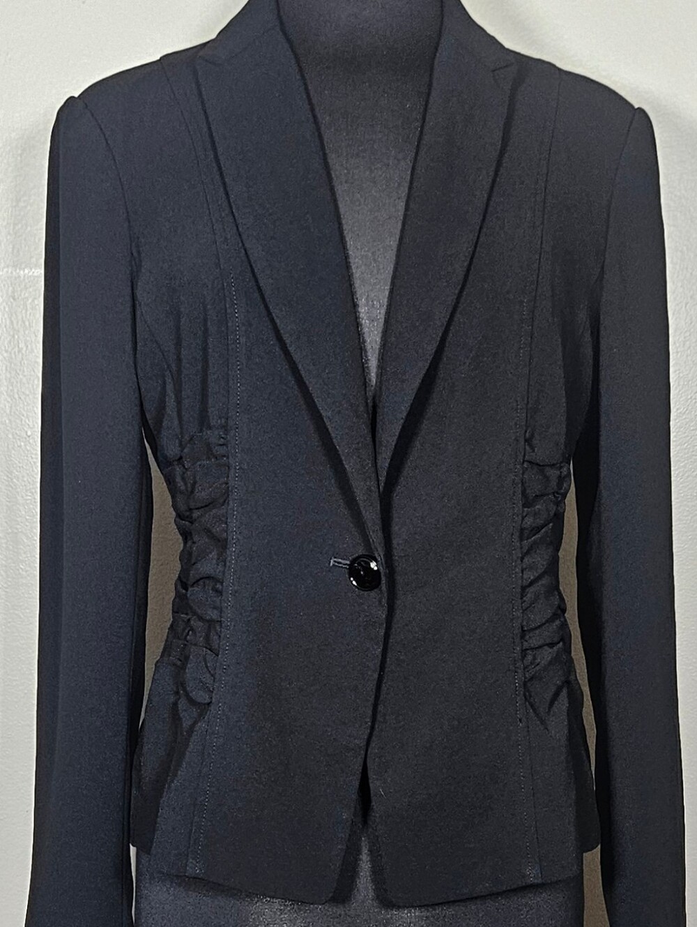 90's Caché Shirred Crepe Tailored Black blazer Casual Career Boho Luxe Dressy 10